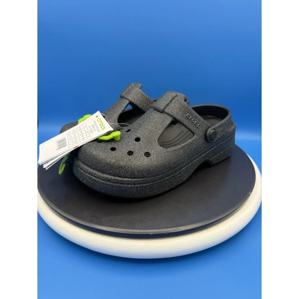 CROCS Kids Classic Black Glitter Mary Jane Clogs Size Junior 4 Slip On Sandals